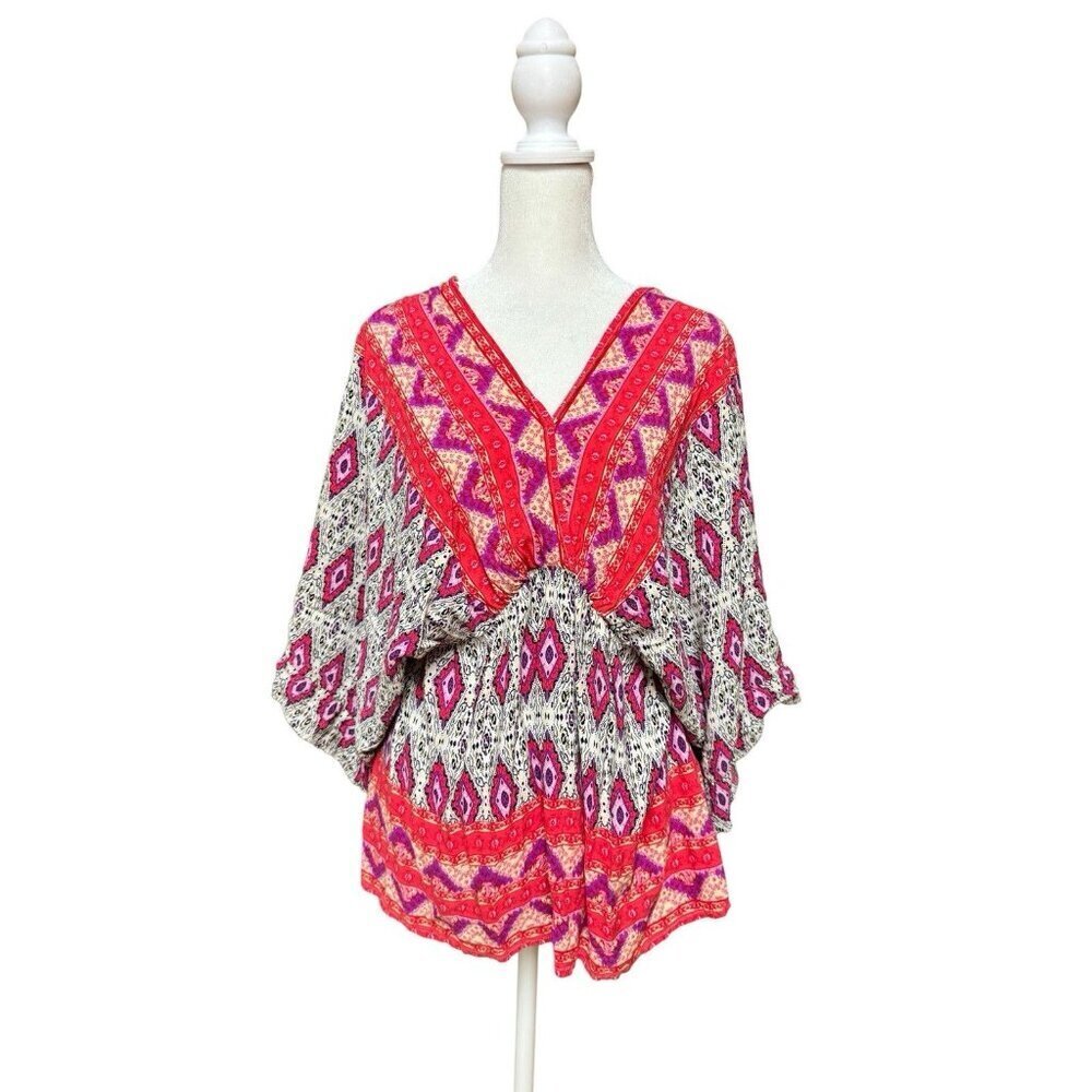 Umgee USA Boho Tunic Top Womens L Pink Kimono Sleeve V Neck
